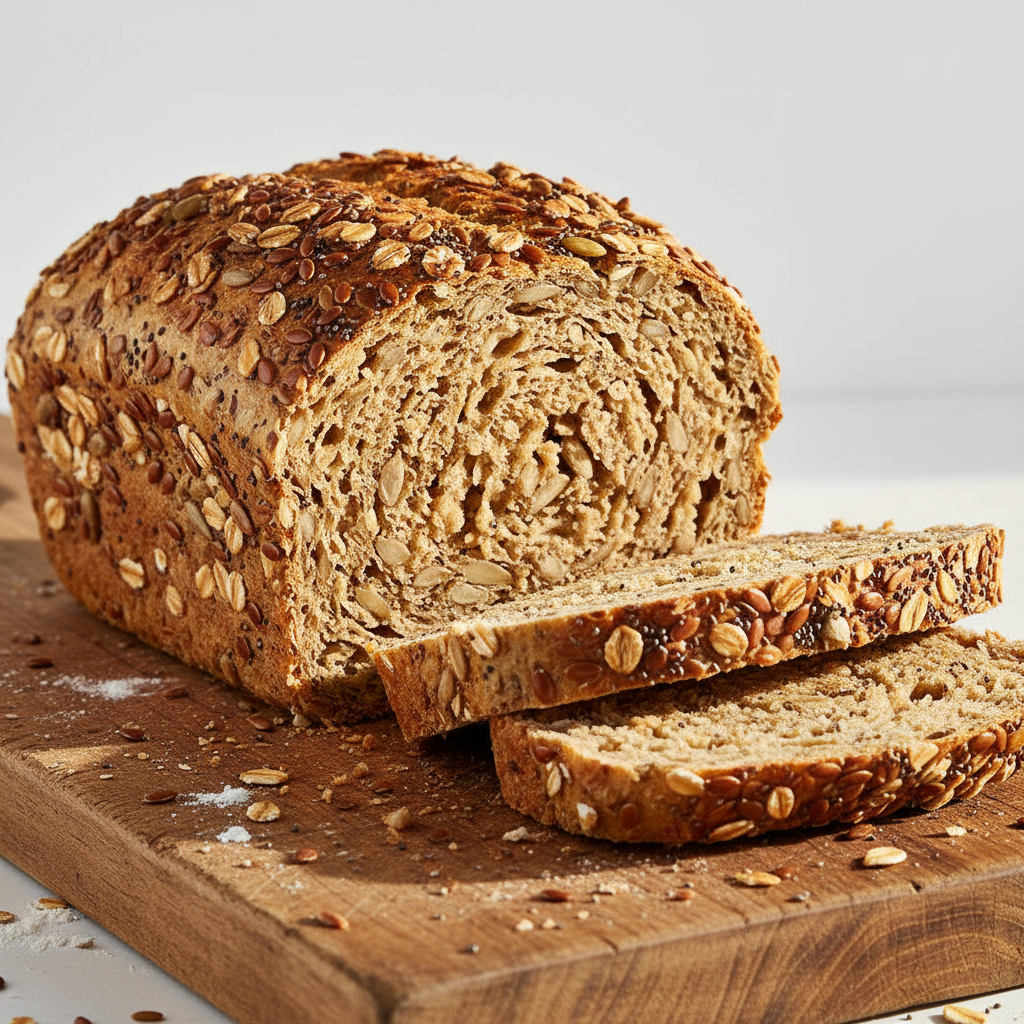 High-Protein Bread loaf on a wooden cutting board